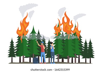 Frightened young campers, boy and girl during a fire in forest flat vector illustration. Boy calls on phone for evacuation, girl screams for help. Natural disaster, global warming concept.