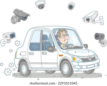 Joven asustado conduciendo su auto bajo la observación de muchas cámaras de vigilancia en una calle de su pueblo, ilustración de caricatura vectorial aislada en un fondo blanco