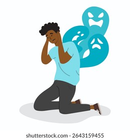 Frightened of young man feels stress, anxiety and depression because of harassment. Concept victim of bullying.
