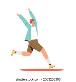 Frightened young man running away. Guy suffer from phobia, scares and fears feeling anxious and fearful. Human fears concept. Cartoon flat vector illustration