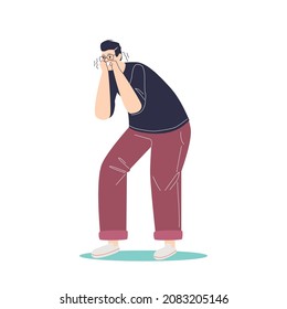 Frightened young man shivering from fear. Guy suffer from phobia and scares feeling anxious and fearful. Human anxiety concept. Cartoon flat vector illustration