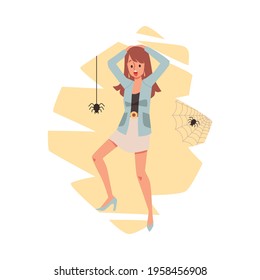 Frightened young woman afraid of spiders. Girl suffering from arachnophobia fear the scary insects and screams in panic and shock. Flat cartoon vector isolated illustration.