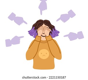 Frightened young woman feeling guilt, surrounded by condemning gestures. Bullying, inner critic, negative self talk, low self-esteem. Hand drawn female character illustration.