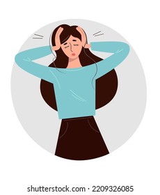 Frightened young woman in horror, panic. Unhappy girl in shock. Vector illustration of an attractive cartoon brunette girl with hands on her head and closed eyes. Isolated on a gray background.