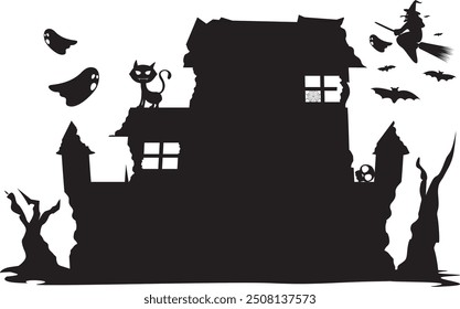 Un castillo negro aterrador habitado por búhos, gatos negros, murciélagos, brujas y fantasmas. Ilustración vectorial.