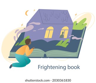 Frightening book concept. Boy reads horror book and gets very scared. Mystical history house with silhouette. Literature as hobby. Cartoon flat vector illustration isolated on white background