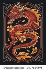 Frightening dragon vintage poster colorful with magical predator with horns and sharp fangs inside elegant frame vector illustration