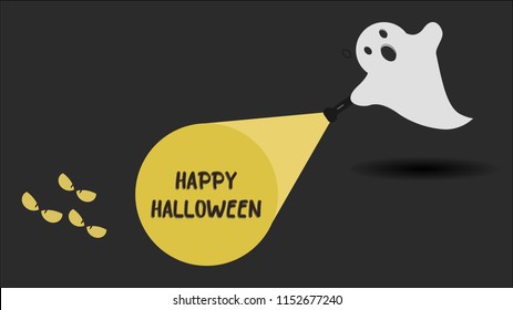 Frightening ghost character just found the Happy Halloween message with his flashlight. Vector illustration.