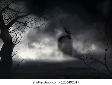Frightening Halloween realistic vector background with dried trees silhouettes and black crow sitting on sloping gravestone on ancient cemetery illustration. Scary night graveyard covered fog or mist