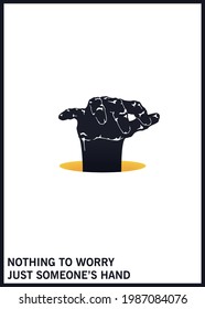 Frightening hand climbs out of the hole. Black and white minimal illustration. Vector design elements  