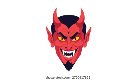 Frightening illustration of a red devil head with sharp horns, yellow eyes, pointed ears, and a goatee beard on a white background.