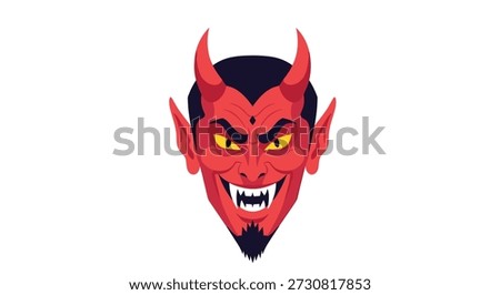 Frightening illustration of a red devil head with sharp horns, yellow eyes, pointed ears, and a goatee beard on a white background.
