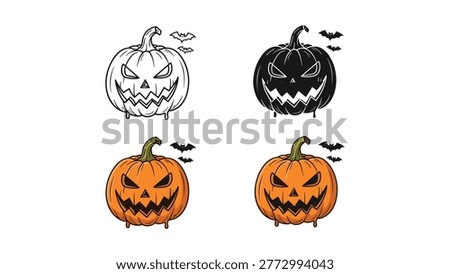 A frightening jack o'lantern with menacing eyes and mouth, surrounded by bats, presented in outline, silhouette, and two vividly colored versions.