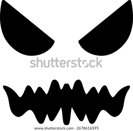 Frightening Jack-o'-lantern face in a black silhouette style. Scary Halloween pumpkin expression with sharp teeth for horror-themed designs.