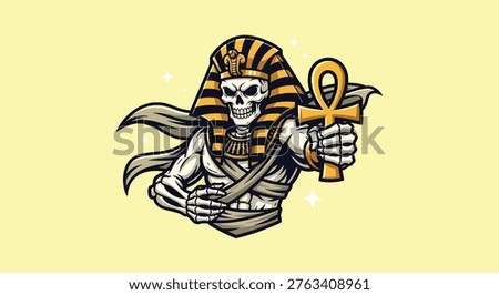 A frightening mummy skeleton dressed as an Egyptian pharaoh, holding the ankh symbol of life.