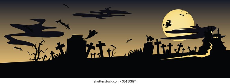 Frightening night landscape with a cemetery and a castle