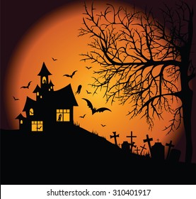 Frightening night landscape with a cemetery, tree and a ghost house.