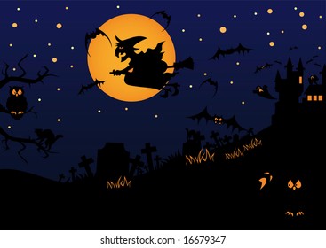 Frightening night landscape with crosses, tombs, ghosts, bats, a cat, an owl and a witch