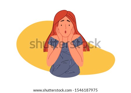 Frightening, terrified, panic concept. Scared woman keeps hands on head, young girl showing shock gesture, frightened facial expression, panicked teenager, human emotions. Simple flat vector