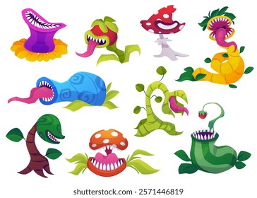 A frightening vector set of poisonous plants and fungi with predatory teeth and a long tongue. Evil characters for Halloween decoration on a white background