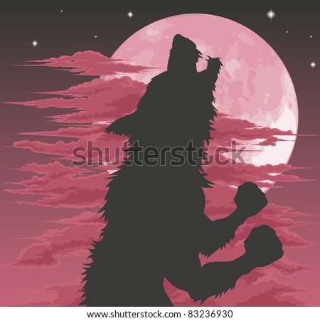 A frightening werewolf silhouette howling at the moon. Halloween illustration.