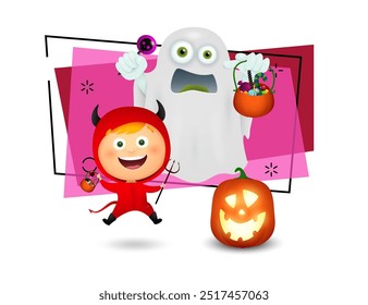 Fantasma assustador com pirulito e caldeirão com doces. Menina em traje de diabo e lanterna de abóbora nas proximidades. Conceito de Halloween. Ilustração vetorial para convites, cartazes ou banners