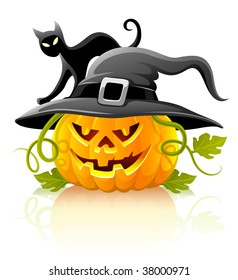 frightful halloween pumpkin in black hat with cat - vector illustration
