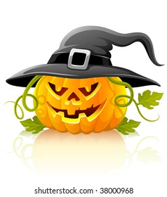 frightful halloween pumpkin vegetable in black hat - vector illustration