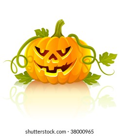 frightful halloween pumpkin vegetable with green leaves - vector illustration