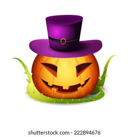 frightful halloween pumpkin vegetable in purple hat. vector illustration 