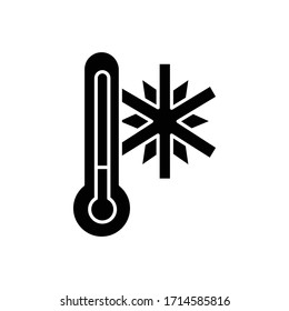 Frigid temperature black glyph icon. Winter frost, cold seasonal weather forecast, meteorological prediction silhouette symbol on white space. Thermometer with snowflake vector isolated illustration