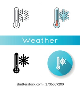 Frigid temperature icon. Linear black and RGB color styles. Winter frost, cold seasonal weather forecast, meteorological prediction. Thermometer with snowflake isolated vector illustrations