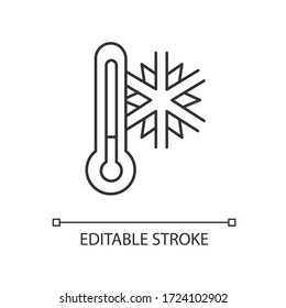 Frigid temperature pixel perfect linear icon. Meteorological prediction thin line customizable illustration. Contour symbol. Thermometer with snowflake vector isolated outline drawing. Editable stroke
