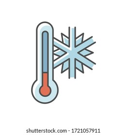 Frigid temperature RGB color icon. Winter frost, cold seasonal weather forecast, meteorological prediction. Thermometer with snowflake isolated vector illustration