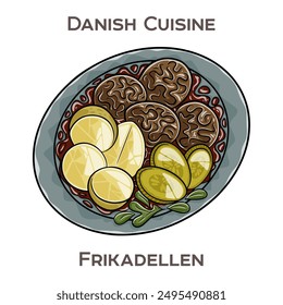 Frikadellen ist ein traditionelles dänisches Gericht, das aus gewürztem Hackfleisch besteht, das zu Fleischbällchen oder Pasteten geformt und oft mit Kartoffeln und Soße serviert wird.