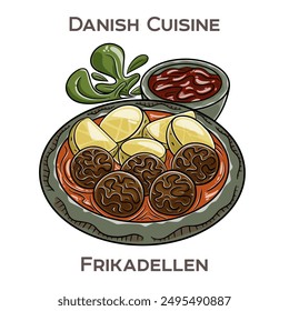 Frikadellen ist ein traditionelles dänisches Gericht, das aus gewürztem Hackfleisch besteht, das zu Fleischbällchen oder Pasteten geformt und oft mit Kartoffeln und Soße serviert wird.