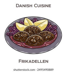 Frikadellen ist ein traditionelles dänisches Gericht, das aus gewürztem Hackfleisch besteht, das zu Fleischbällchen oder Pasteten geformt und oft mit Kartoffeln und Soße serviert wird.