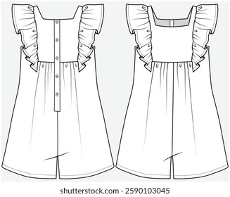 FRILL JUMPSUIT WITH CENTER BACK PLACKET DETAIL DESIGNED FOR KID GIRLS, TWEENS AND TEEN GIRLS IN VECTOR FILE