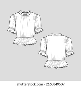 Frill Neck Gathering Ruffles peplum Top Elastic gathering Sleeve  top blouse Fashion clothing flat sketch technical drawing template design vector