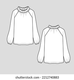 Frill Neck Gathering top Raglan Long Sleeve Gathering hem fashion  flat sketch template drawing