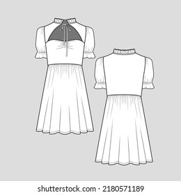 Frill neck Knotted peplum Dress Neckline frill knot tie Waist Gathering  Short Sleeve Fashion Dresses  blouse flat sketch technical drawing template design vector