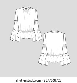 Frill Neck Ruffle Bell Sleeve Top Frills Halslinie sammeln Details Ruffeln Glockelärmel Fashion T Shirt Oberbluse flache Sketch technische Zeichnung Vorlage Design Vektorgrafik