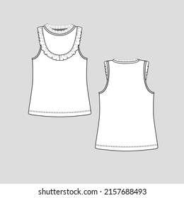 frill Neck Ruffles tank top crew neck ruffles frill detail sleeveless vest  t shirt top womens fashion flat sketch technical drawing template design vector