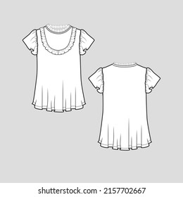 Frill neck Ruffles top  neck and  front frill detail ruffle sleeve t shirt top blouse fashion flat sketch technical drawing template design vector