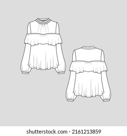 Frill Neck Ruffles Top long sleeve clothing flat sketch technical drawing template design vector