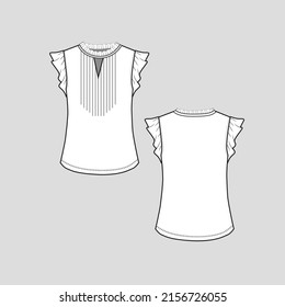 Frill Neck Sleeve ruffles t shirt top notch neck ruffle frills pleat detail on front  ruffles sleeve fashion flare hem blouse clothing flat sketch technical drawing template design vector