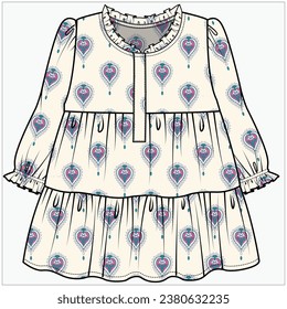 FRILL NECKLINE ELASTICÓ VESTIDOS LARGOS DE MANGUITOS CANSADOS EN IMPRESIÓN DE BLOQUE DISEÑADOS PARA NIÑAS INFANTES NIÑAS PEQUEÑAS Y NIÑAS BEBÉS EN ILUSTRACIÓN VECTORIAL