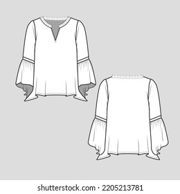 Frill notch Neck Bell Ruffles Sleeve Top Long Sleeve gathering blouse Fashion technical drawing flat sketch template