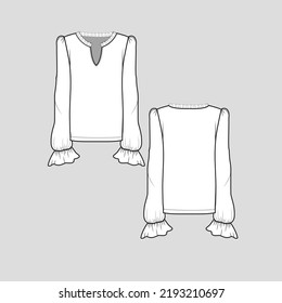 Frill Notch Neck blouse Top long puff sleeve gathering ruffles hem tee t shirt  mock up cad Fashion design drawing template