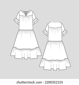 Frill notch neck Ruffles sleeve Dress waist Gathering ruffle hem peplum dress Fashion flat sketch